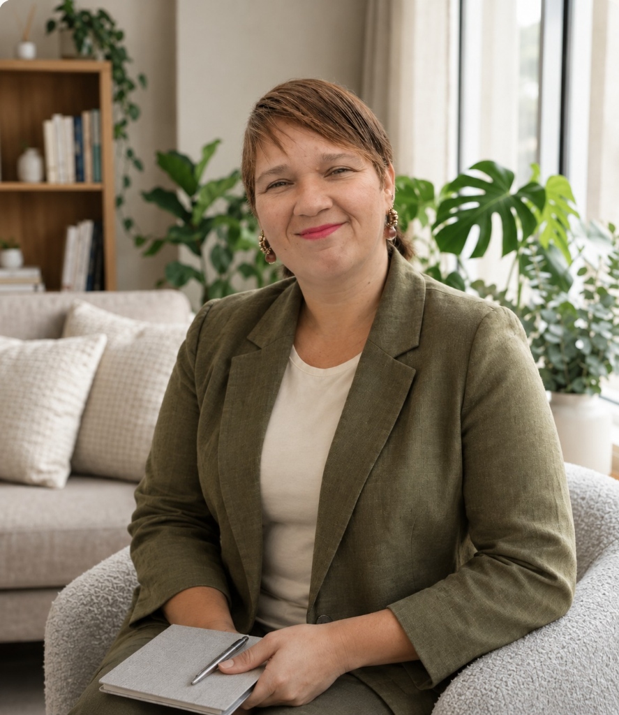 Psicóloga Graziele Braga em seu consultório acolhedor